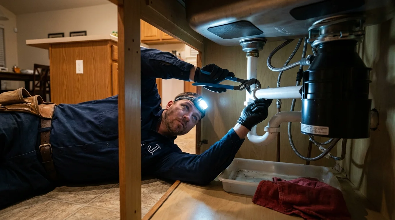 P-trap and supply line connections under a kitchen sink showing a common leak point in Big Pine Key, FL